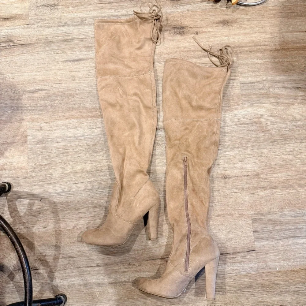 Charlotte Russe Beige Suede Over The Knee Heeled Boots